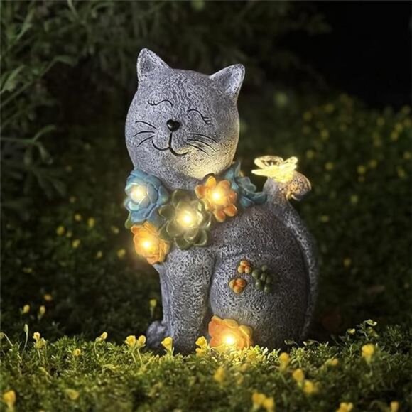 Solar Cat Statue Outdoor Garden Decor, Cat Figurines Garden Outside Decoration - Picture 7 of 7